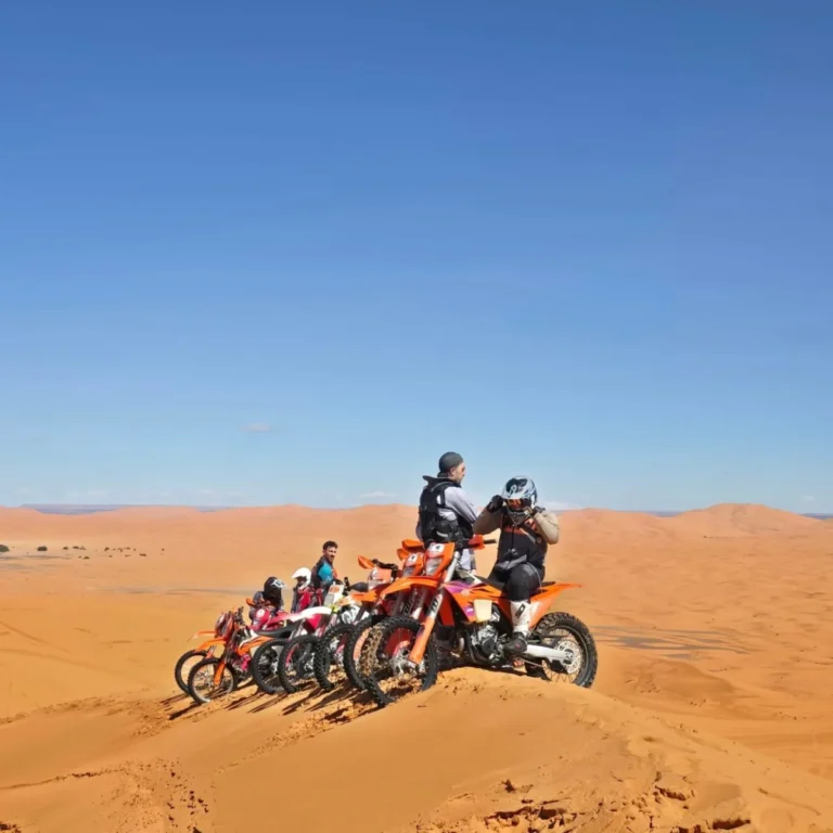 Line of KTM motorcycles on a dune crest above the Merzouga desert
